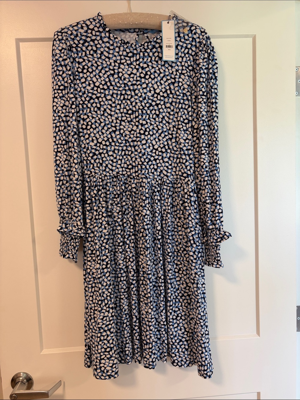 NWT Draper James Size M Blue White Black Kitty Square Long Sleeve Jersey Dress